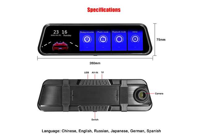 IMP0142- Dual Dash Cam para carro, visão frontal e traseira, câmera DVR, gravador de condução de vídeo, 170 ° Wide Angle, visão noturna, G-Sensor, 9.66 in Touchscreen, 1080P