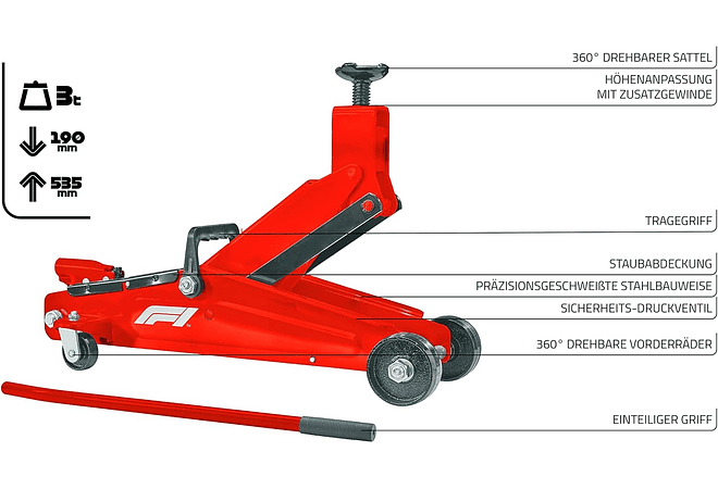 IMP0149- Macaco hidráulico para veículos todo-o-terreno Formula 1, 3 toneladas, com pega, superfície de apoio rotativa de 360°, 