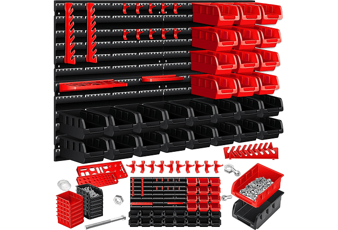 IMP0162- Prateleira de parede para caixas empilháveis, Contentores de arrumação de caixas de 32 peças, prateleira de rampa, preto/vermelho- Masko