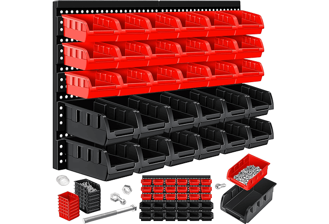 IMP0162- Prateleira de parede para caixas empilháveis, Contentores de arrumação de caixas de 32 peças, prateleira de rampa, preto/vermelho- Masko