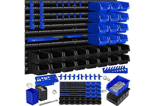 IMP0162- Prateleira de parede para caixas empilháveis, Contentores de arrumação de caixas de 32 peças, prateleira de rampa, preto/vermelho- Masko