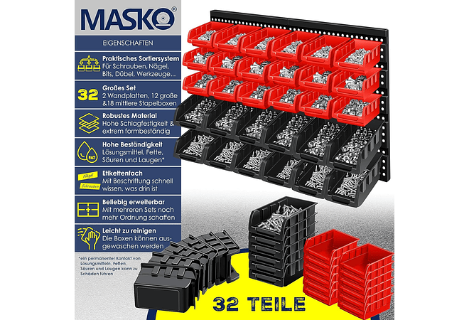IMP0162- Prateleira de parede para caixas empilháveis, Contentores de arrumação de caixas de 32 peças, prateleira de rampa, preto/vermelho- Masko