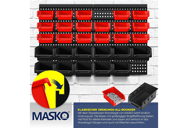 IMP0162- Prateleira de parede para caixas empilháveis, Contentores de arrumação de caixas de 32 peças, prateleira de rampa, preto/vermelho- Masko