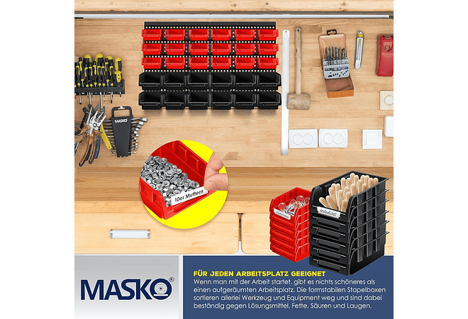 IMP0162- Prateleira de parede para caixas empilháveis, Contentores de arrumação de caixas de 32 peças, prateleira de rampa, preto/vermelho- Masko