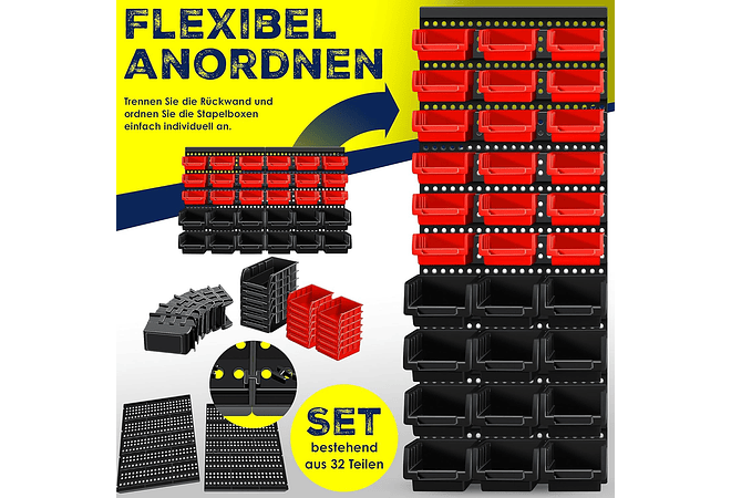 IMP0162- Prateleira de parede para caixas empilháveis, Contentores de arrumação de caixas de 32 peças, prateleira de rampa, preto/vermelho- Masko
