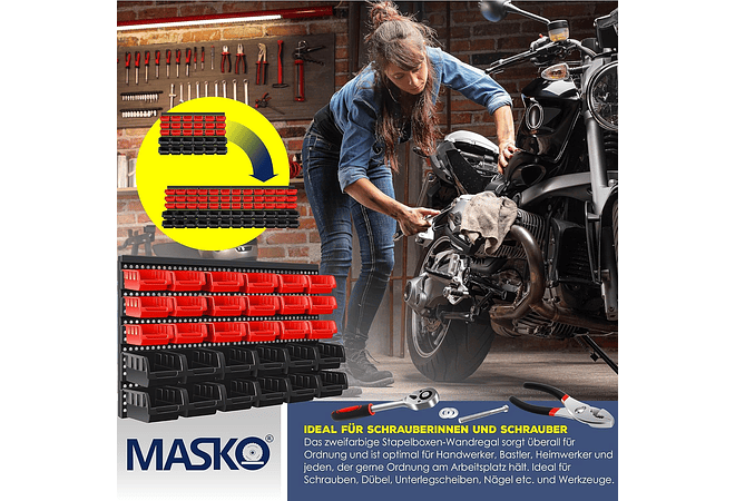 IMP0162- Prateleira de parede para caixas empilháveis, Contentores de arrumação de caixas de 32 peças, prateleira de rampa, preto/vermelho- Masko