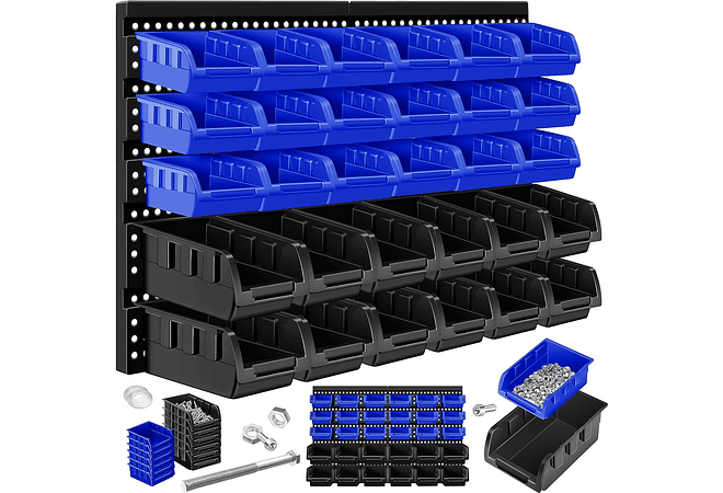IMP0163- Prateleira de parede + caixas empilháveis + suporte de ferramentas, 45 peças, expansível- MASKO 