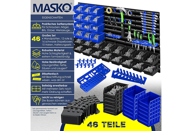 IMP0163- Prateleira de parede + caixas empilháveis + suporte de ferramentas, 45 peças, expansível- MASKO 