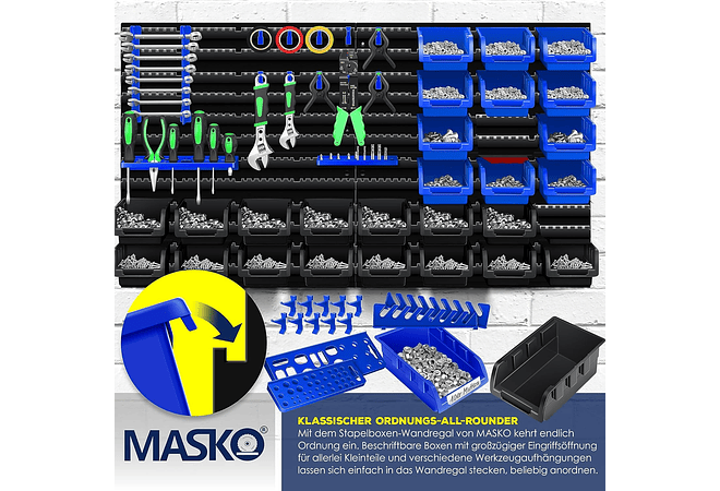 IMP0163- Prateleira de parede + caixas empilháveis + suporte de ferramentas, 45 peças, expansível- MASKO 
