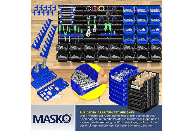 IMP0163- Prateleira de parede + caixas empilháveis + suporte de ferramentas, 45 peças, expansível- MASKO 