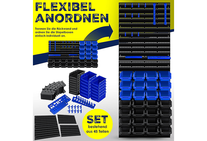 IMP0163- Prateleira de parede + caixas empilháveis + suporte de ferramentas, 45 peças, expansível- MASKO 