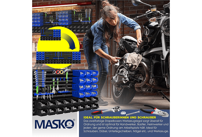 IMP0163- Prateleira de parede + caixas empilháveis + suporte de ferramentas, 45 peças, expansível- MASKO 