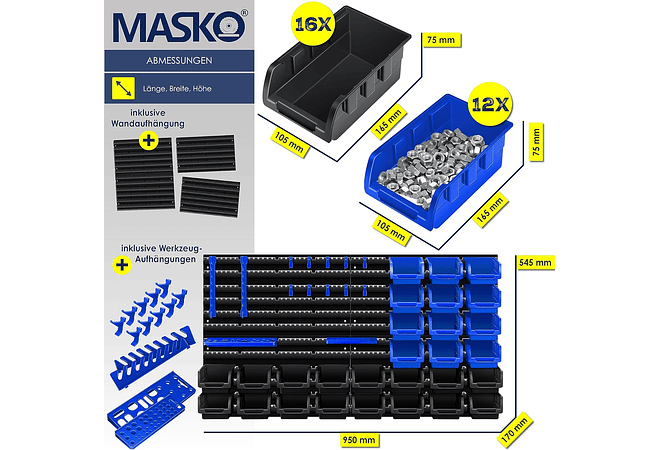 IMP0163- Prateleira de parede + caixas empilháveis + suporte de ferramentas, 45 peças, expansível- MASKO 