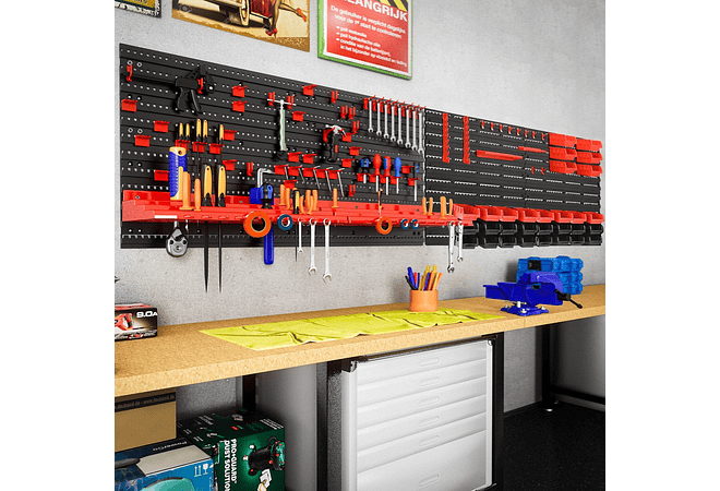 IMP0164- Estante para ferramentas de parede Deuba 190x54 28 caixas empilháveis 4 painéis expansíveis com acessórios 97 peças