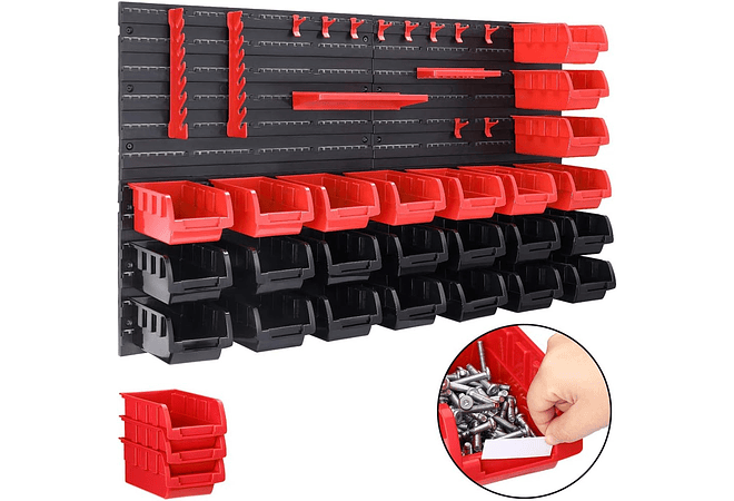 IMP0164- Estante para ferramentas de parede Deuba 190x54 28 caixas empilháveis 4 painéis expansíveis com acessórios 97 peças