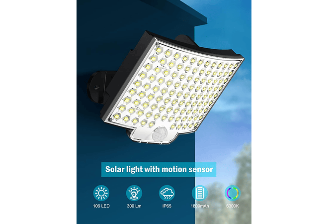 IMP0168- Luz solar para exterior, MPJ 106 LED, com detetor de movimento, IP65, à prova de água, luz de parede para jardim com cabo de extensão de 5 m