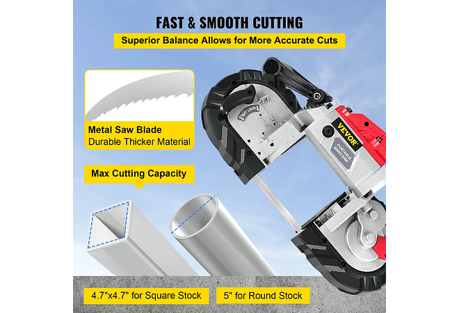 IMP0170- Serra de banda portátil sem fio, capacidade de corte, velocidade variável, motor 10Amp, corte profundo, metal, madeira, tubos, vergalhões- VEVOR