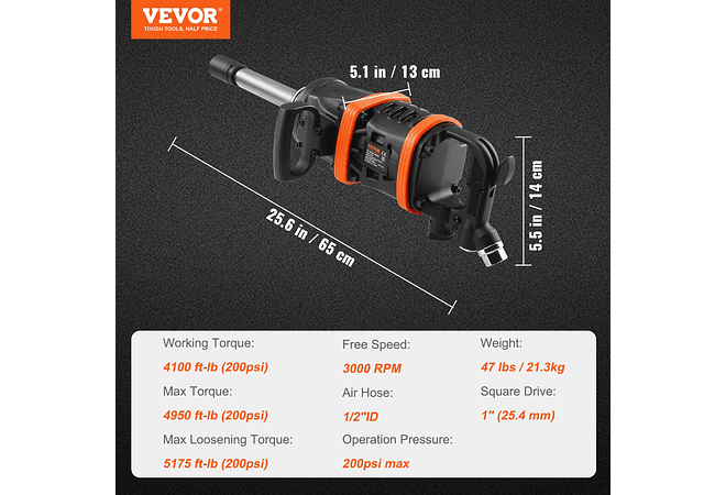 IMP0193- VEVOR - Chave de impacto pneumática de torque reverso, chave de impacto pneumática, bigorna estendida de 8 polegadas, troca de pneus