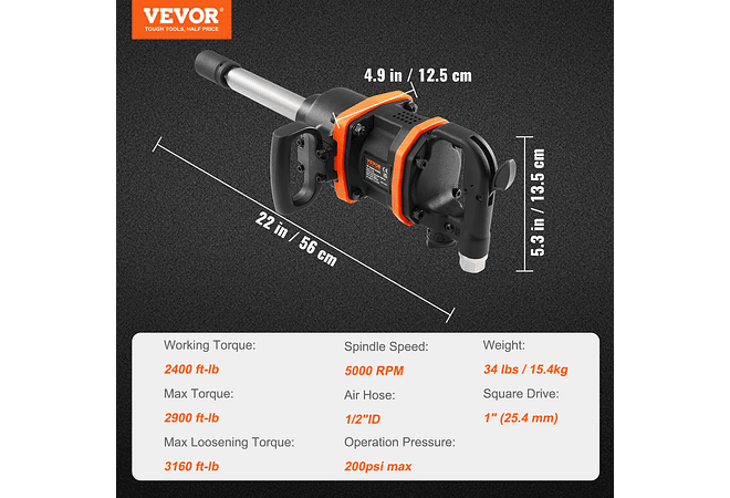 IMP0193- VEVOR - Chave de impacto pneumática de torque reverso, chave de impacto pneumática, bigorna estendida de 8 polegadas, troca de pneus
