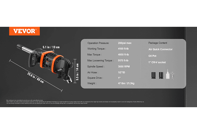 IMP0193- VEVOR - Chave de impacto pneumática de torque reverso, chave de impacto pneumática, bigorna estendida de 8 polegadas, troca de pneus