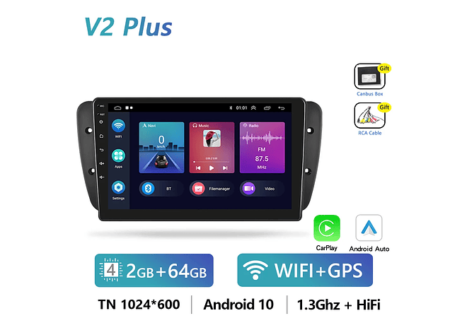 IMP0194- Rádio Podofo 4G CarPlay Android Para SEAT Ibiza 6j 2009-2013 Multimedia Player HiFi Receptor Estéreo GPS Navi 2din Unidade 