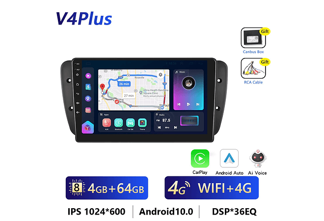 IMP0194- Rádio Podofo 4G CarPlay Android Para SEAT Ibiza 6j 2009-2013 Multimedia Player HiFi Receptor Estéreo GPS Navi 2din Unidade 