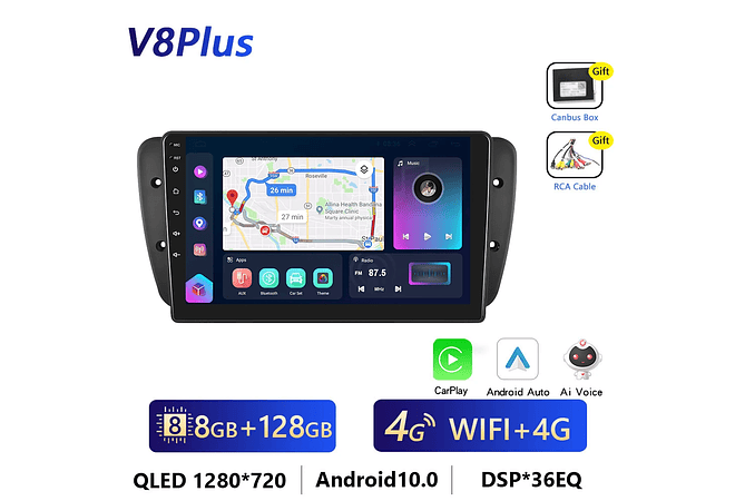 IMP0194- Rádio Podofo 4G CarPlay Android Para SEAT Ibiza 6j 2009-2013 Multimedia Player HiFi Receptor Estéreo GPS Navi 2din Unidade 