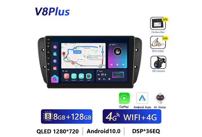 IMP0194- Rádio Podofo 4G CarPlay Android Para SEAT Ibiza 6j 2009-2013 Multimedia Player HiFi Receptor Estéreo GPS Navi 2din Unidade 