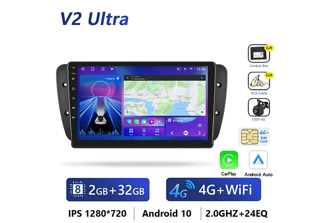 IMP0194- Rádio Podofo 4G CarPlay Android Para SEAT Ibiza 6j 2009-2013 Multimedia Player HiFi Receptor Estéreo GPS Navi 2din Unidade 