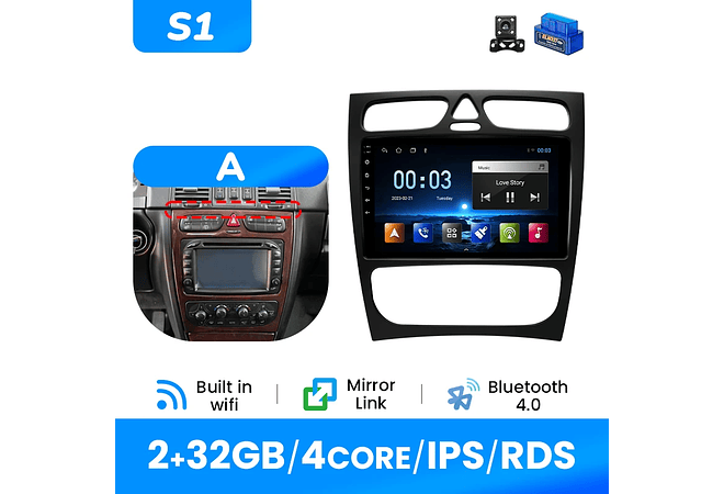 IMP0195- Rádio de carro sem fio multimídia, Carplay, Android 12, 8G, 128G, Mercedes Benz Classe C CLK Classe S203 W203 W209 A209 2000-2005, GPS, 4G