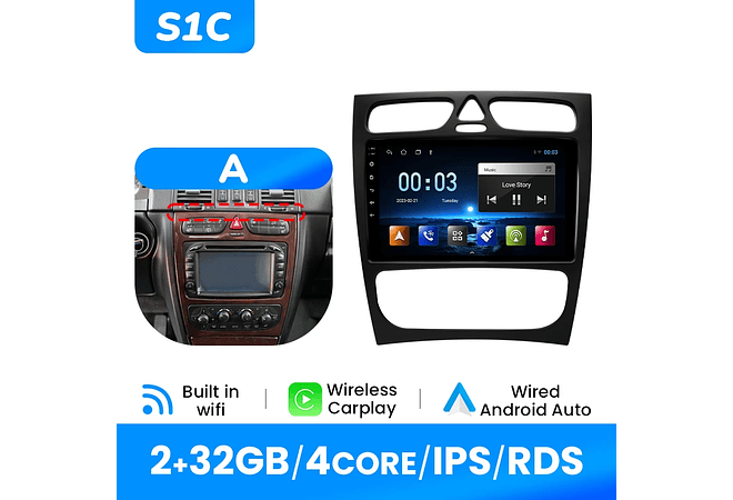 IMP0195- Rádio de carro sem fio multimídia, Carplay, Android 12, 8G, 128G, Mercedes Benz Classe C CLK Classe S203 W203 W209 A209 2000-2005, GPS, 4G