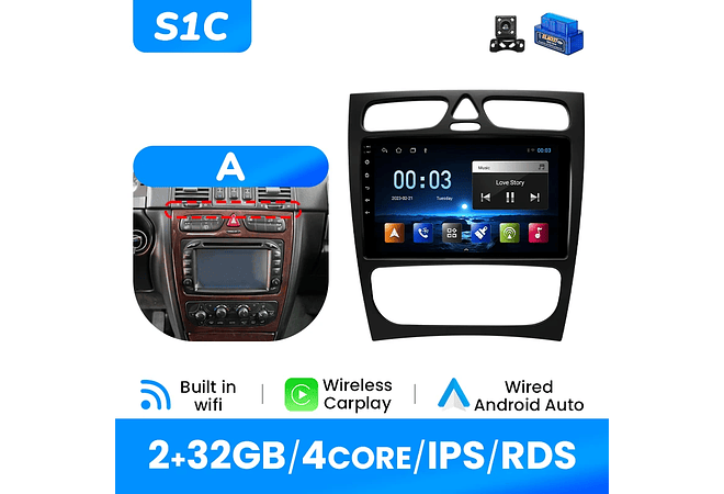 IMP0195- Rádio de carro sem fio multimídia, Carplay, Android 12, 8G, 128G, Mercedes Benz Classe C CLK Classe S203 W203 W209 A209 2000-2005, GPS, 4G