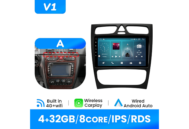 IMP0195- Rádio de carro sem fio multimídia, Carplay, Android 12, 8G, 128G, Mercedes Benz Classe C CLK Classe S203 W203 W209 A209 2000-2005, GPS, 4G
