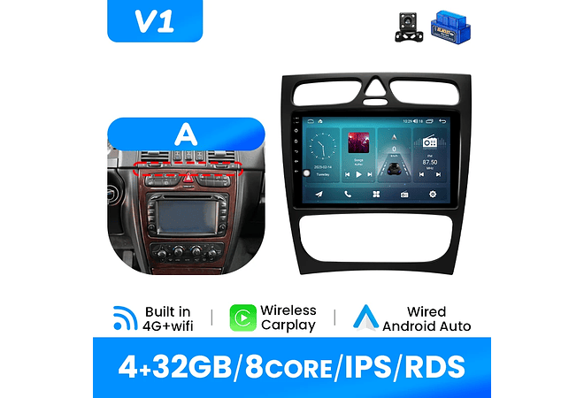 IMP0195- Rádio de carro sem fio multimídia, Carplay, Android 12, 8G, 128G, Mercedes Benz Classe C CLK Classe S203 W203 W209 A209 2000-2005, GPS, 4G