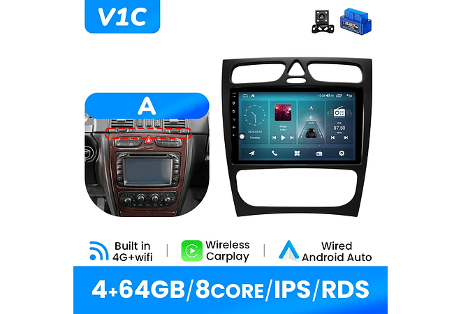 IMP0195- Rádio de carro sem fio multimídia, Carplay, Android 12, 8G, 128G, Mercedes Benz Classe C CLK Classe S203 W203 W209 A209 2000-2005, GPS, 4G