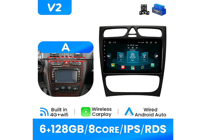 IMP0195- Rádio de carro sem fio multimídia, Carplay, Android 12, 8G, 128G, Mercedes Benz Classe C CLK Classe S203 W203 W209 A209 2000-2005, GPS, 4G