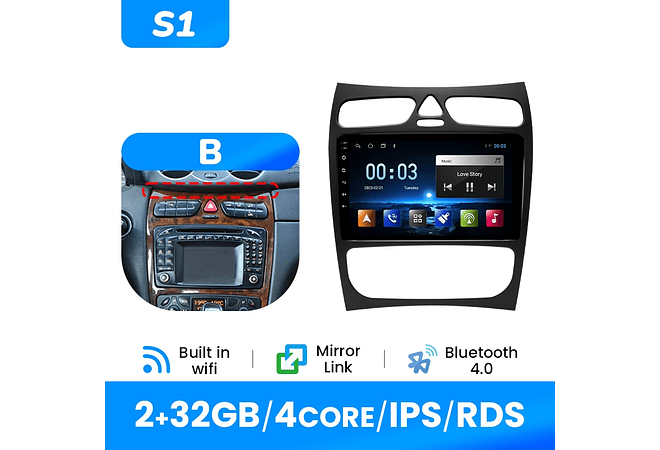 IMP0195- Rádio de carro sem fio multimídia, Carplay, Android 12, 8G, 128G, Mercedes Benz Classe C CLK Classe S203 W203 W209 A209 2000-2005, GPS, 4G
