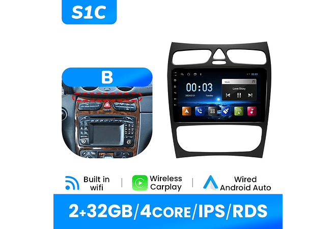 IMP0195- Rádio de carro sem fio multimídia, Carplay, Android 12, 8G, 128G, Mercedes Benz Classe C CLK Classe S203 W203 W209 A209 2000-2005, GPS, 4G