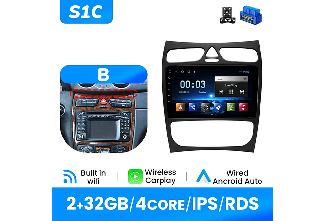 IMP0195- Rádio de carro sem fio multimídia, Carplay, Android 12, 8G, 128G, Mercedes Benz Classe C CLK Classe S203 W203 W209 A209 2000-2005, GPS, 4G