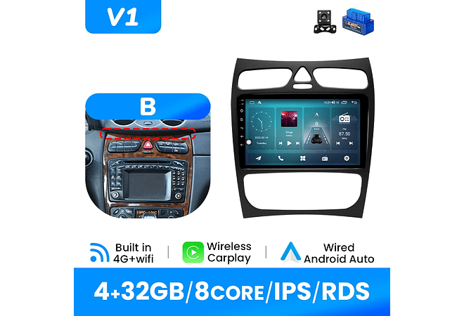 IMP0195- Rádio de carro sem fio multimídia, Carplay, Android 12, 8G, 128G, Mercedes Benz Classe C CLK Classe S203 W203 W209 A209 2000-2005, GPS, 4G