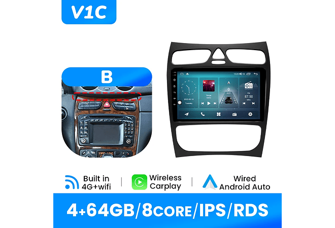 IMP0195- Rádio de carro sem fio multimídia, Carplay, Android 12, 8G, 128G, Mercedes Benz Classe C CLK Classe S203 W203 W209 A209 2000-2005, GPS, 4G