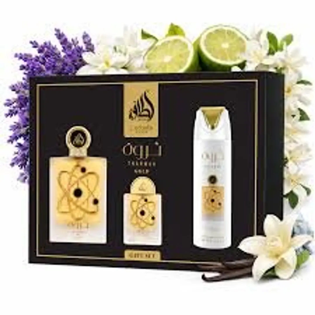 Pride Tharwah Gold Giftset, LATTAFA EDP 100ml + 20ml + Deodorant 200ml Women  2