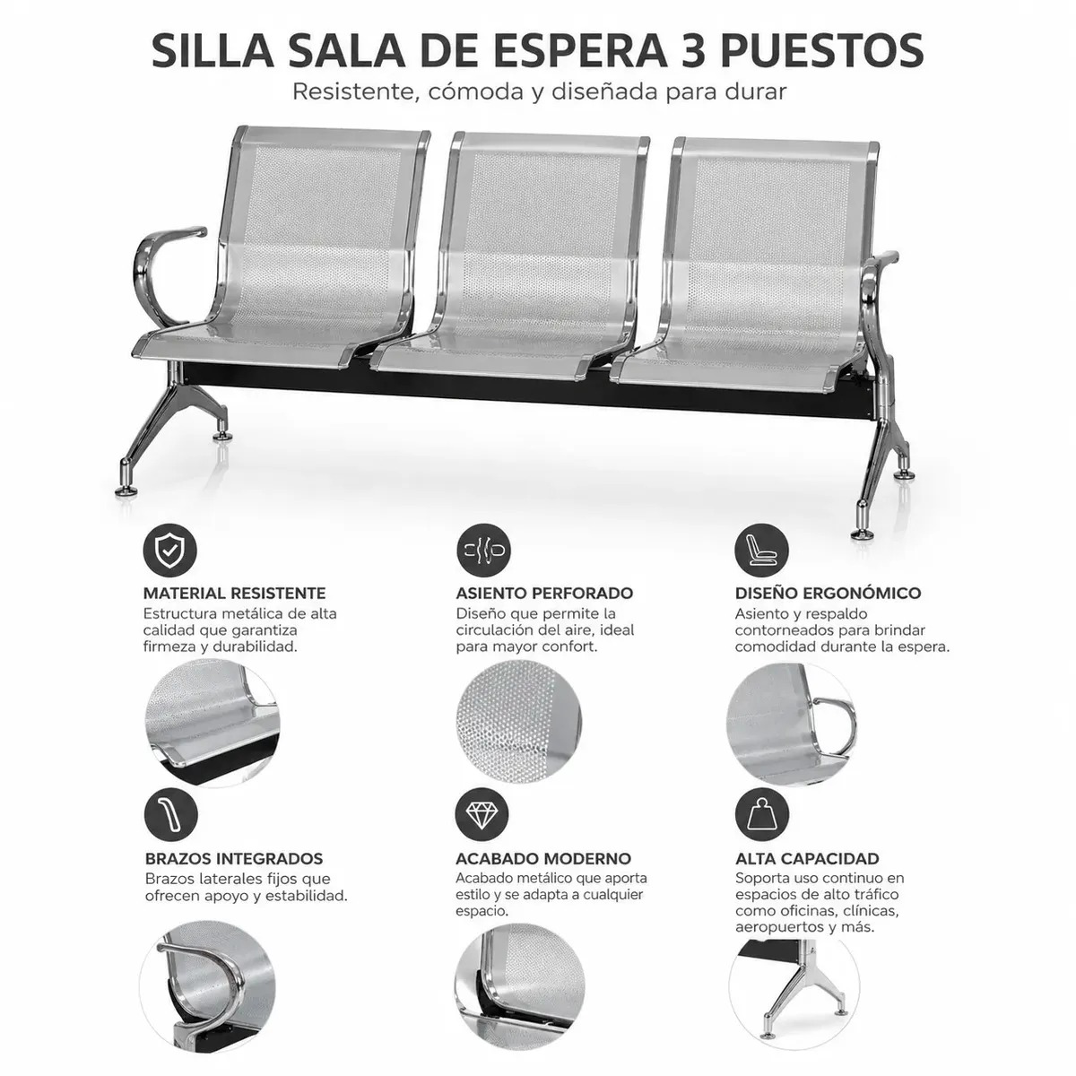 silla tandem 3 puestos cromado  6