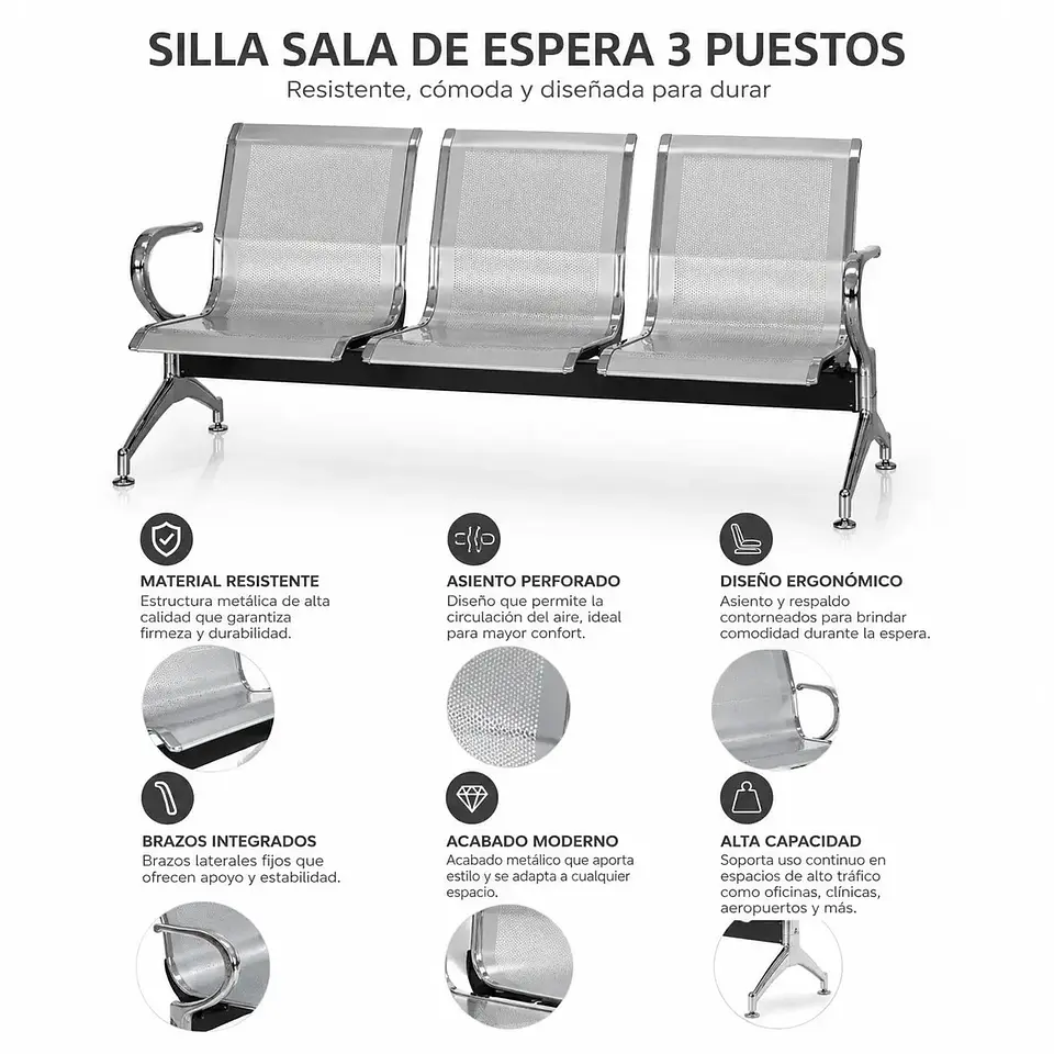 silla tandem 3 puestos cromado  6