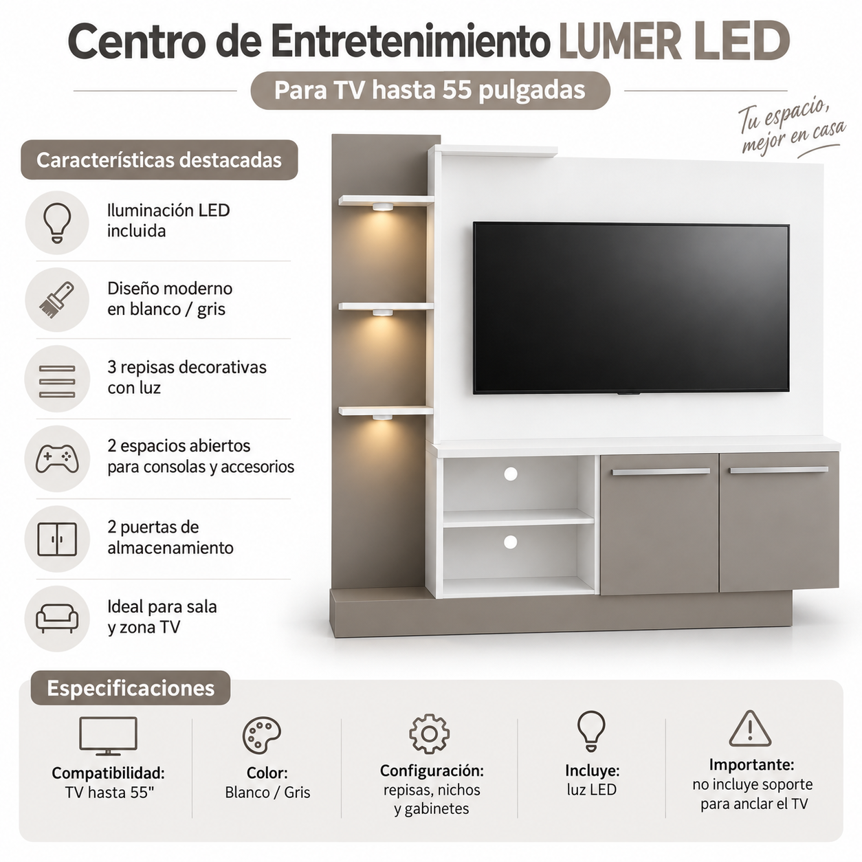Centro de Entretenimiento LUMER LED para TV hasta 55” Blanco / Gris 4