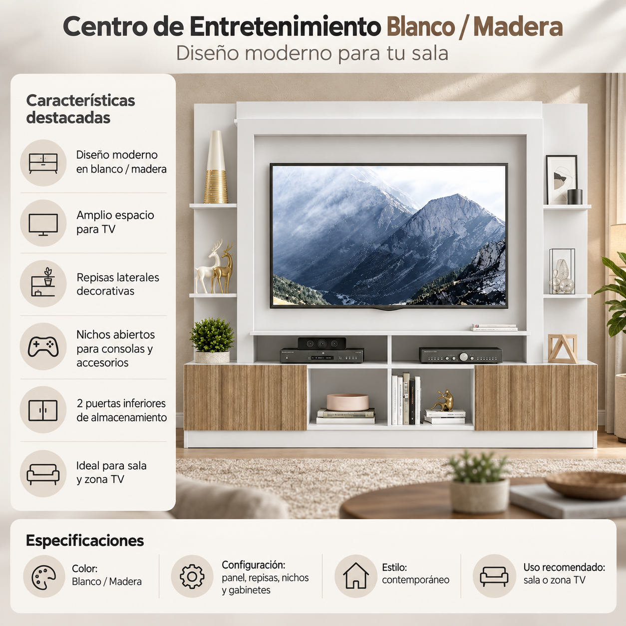 Centro de Entretenimiento NÓRDICA para TV hasta 65 Pulgadas / Rústico y Blanco 5