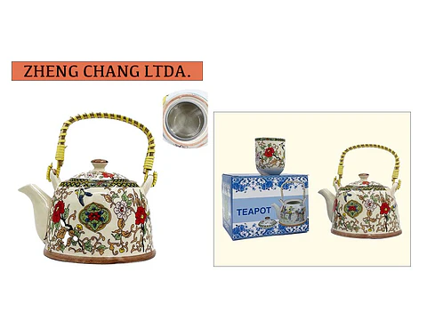 Tetera de ceramica grande grabada Flor (x6)