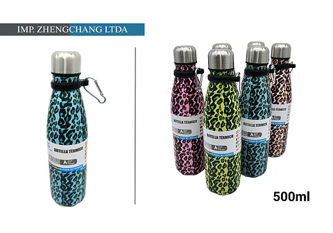 Botella termica con anillo estampado leopardo 4 colores 500ml (x6)