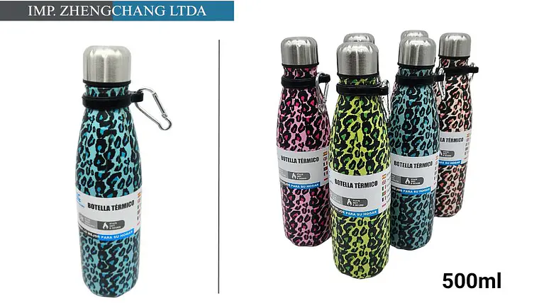 Botella termica con anillo estampado leopardo 4 colores 500ml (x6) 1