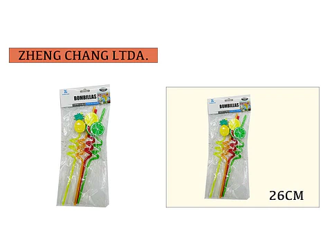 Bombilla/pajita de plástico decorada frutas 26CM 4PCS (x12)